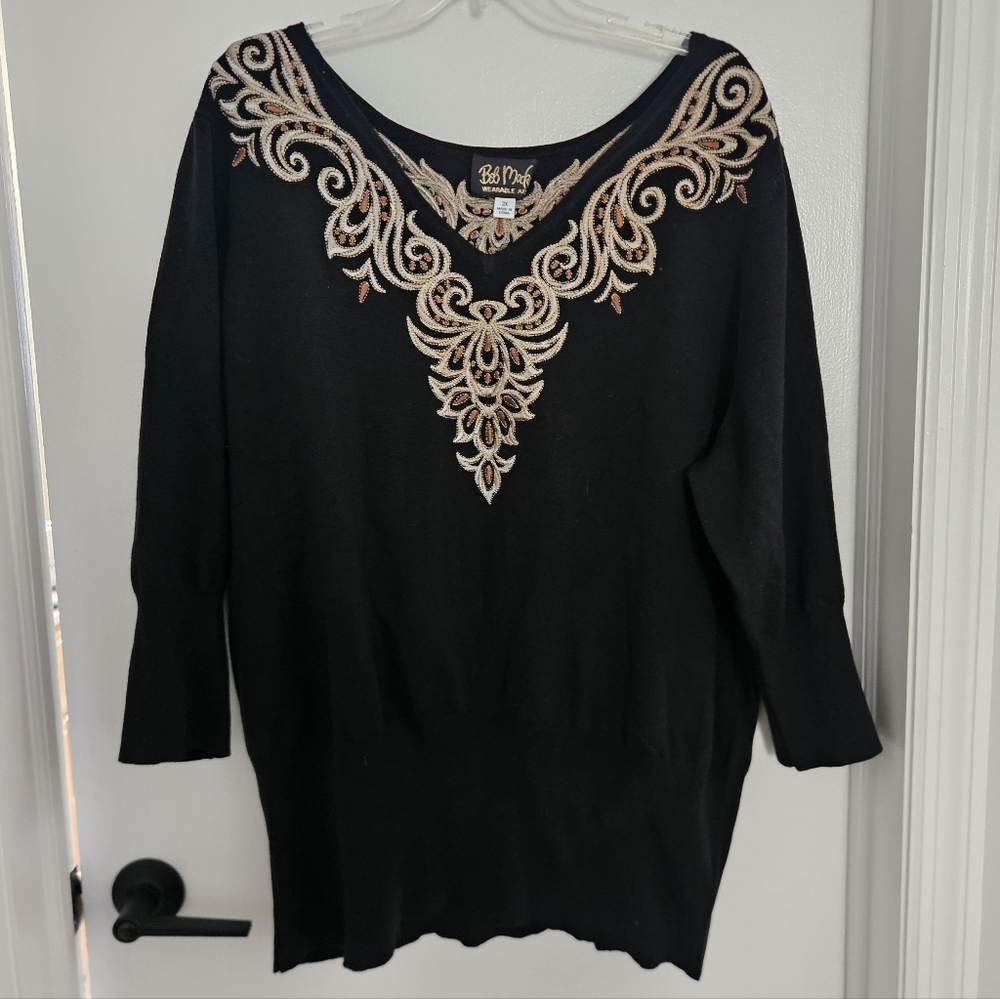Bob Mackie Womens Sweater 2X Dolman Sleeve Wearable Art Scroll Embroidered Boho